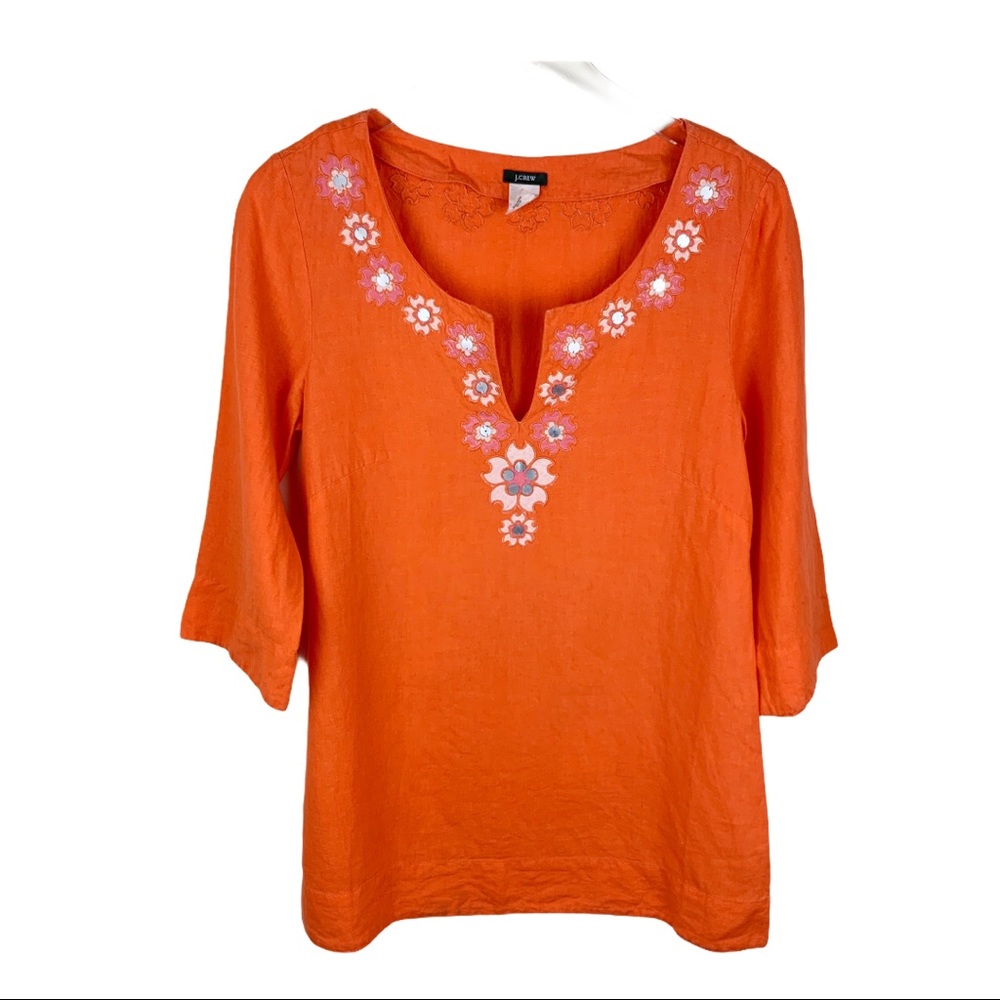J Crew Orange Embroidered Boho Tunic Blouse Sz 6